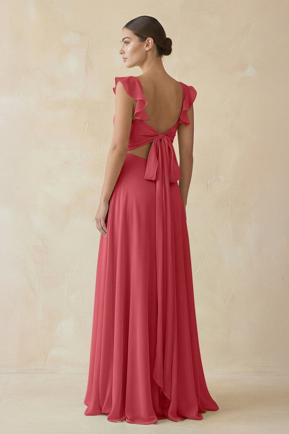 Ruffled Chiffon A - Line Long Bridesmaid Dress in Merlot - KissProm