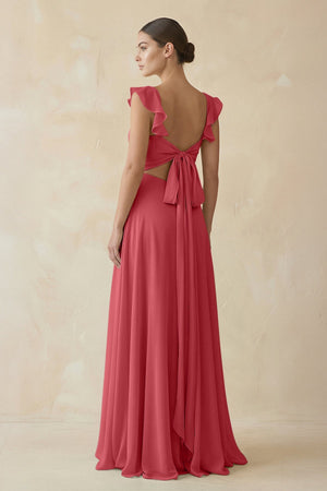 Ruffled Chiffon A - Line Long Bridesmaid Dress in Merlot - KissProm