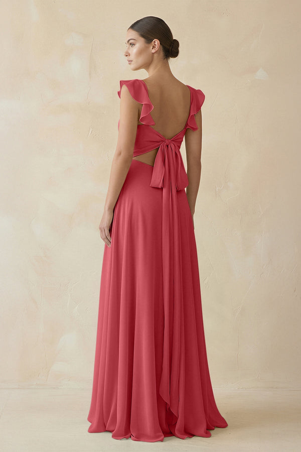 Ruffled Chiffon A - Line Long Bridesmaid Dress in Merlot - KissProm
