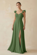 Ruffled Chiffon A - Line Long Bridesmaid Dress in Moss - KissProm