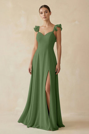Ruffled Chiffon A - Line Long Bridesmaid Dress in Moss - KissProm