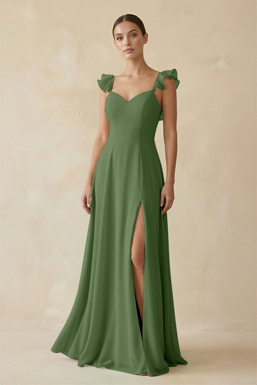Ruffled Chiffon A - Line Long Bridesmaid Dress in Moss - KissProm