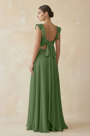 Ruffled Chiffon A - Line Long Bridesmaid Dress in Moss - KissProm