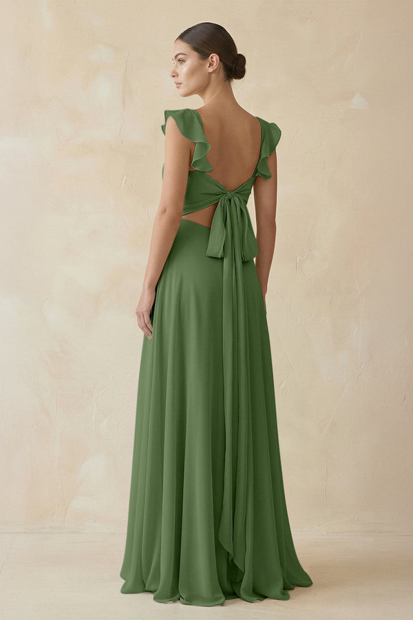 Ruffled Chiffon A - Line Long Bridesmaid Dress in Moss - KissProm