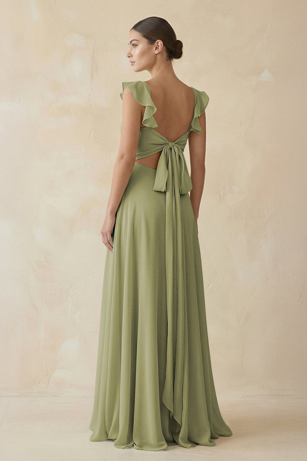 Ruffled Chiffon A - Line Long Bridesmaid Dress in Moss Green - KissProm