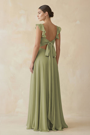 Ruffled Chiffon A - Line Long Bridesmaid Dress in Moss Green - KissProm
