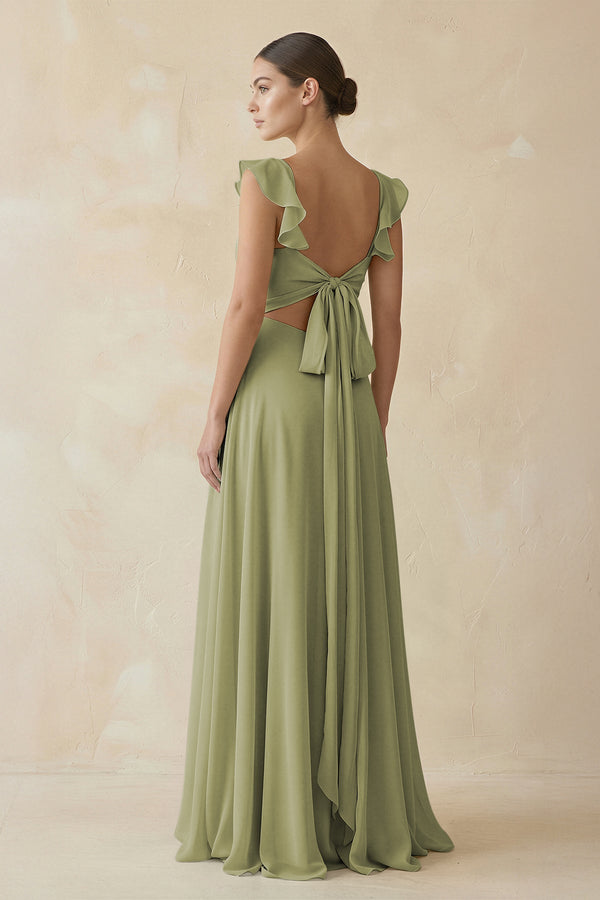 Ruffled Chiffon A - Line Long Bridesmaid Dress in Moss Green - KissProm
