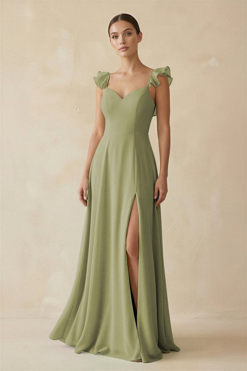 Ruffled Chiffon A-Line Long Bridesmaid Dress in Moss Green, Moss Green / 0 Ruffled Chiffon A-Line Long Bridesmaid Dress in Moss Green, Moss Green / 0