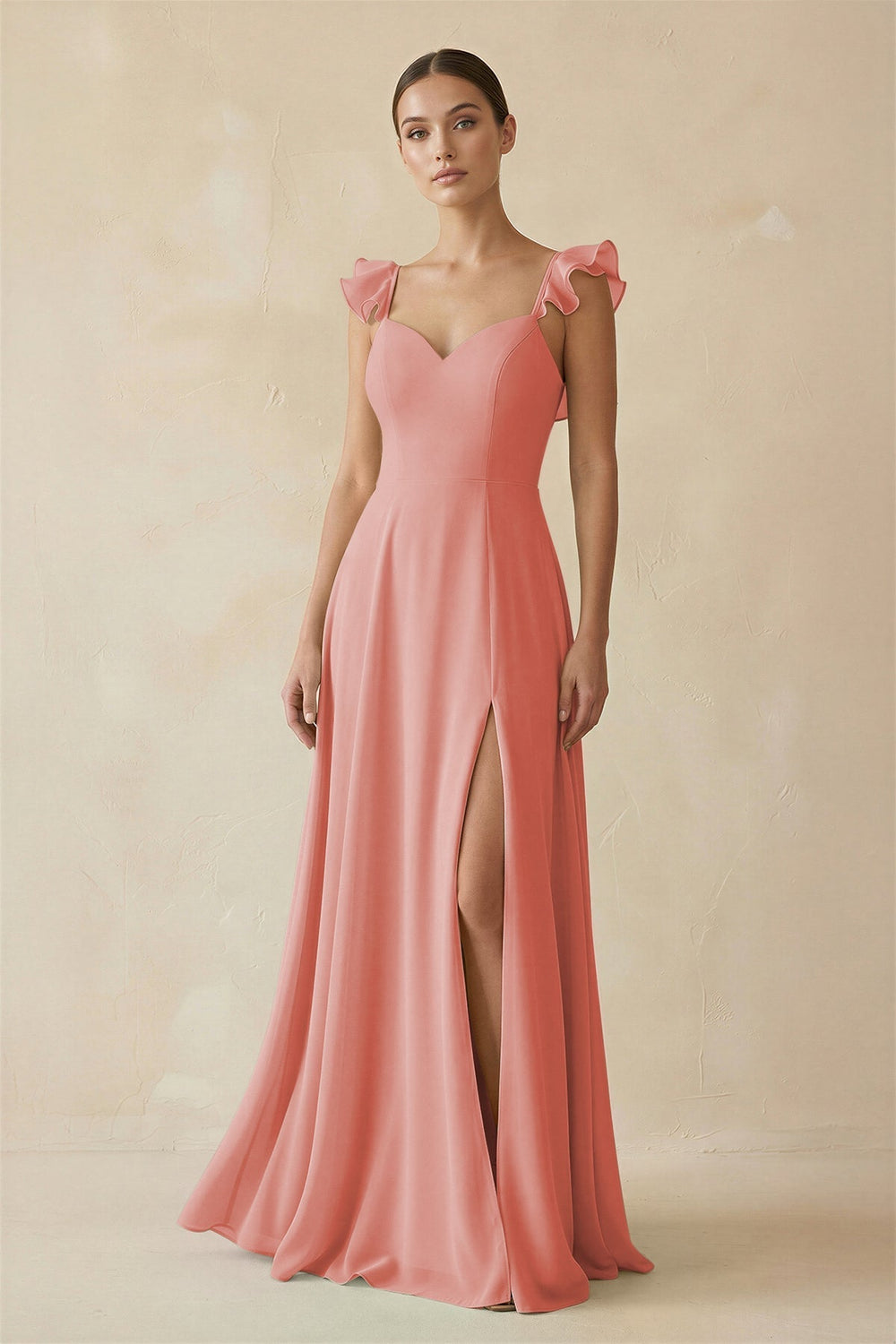 Ruffled Chiffon A - Line Long Bridesmaid Dress in Mulberry - KissProm