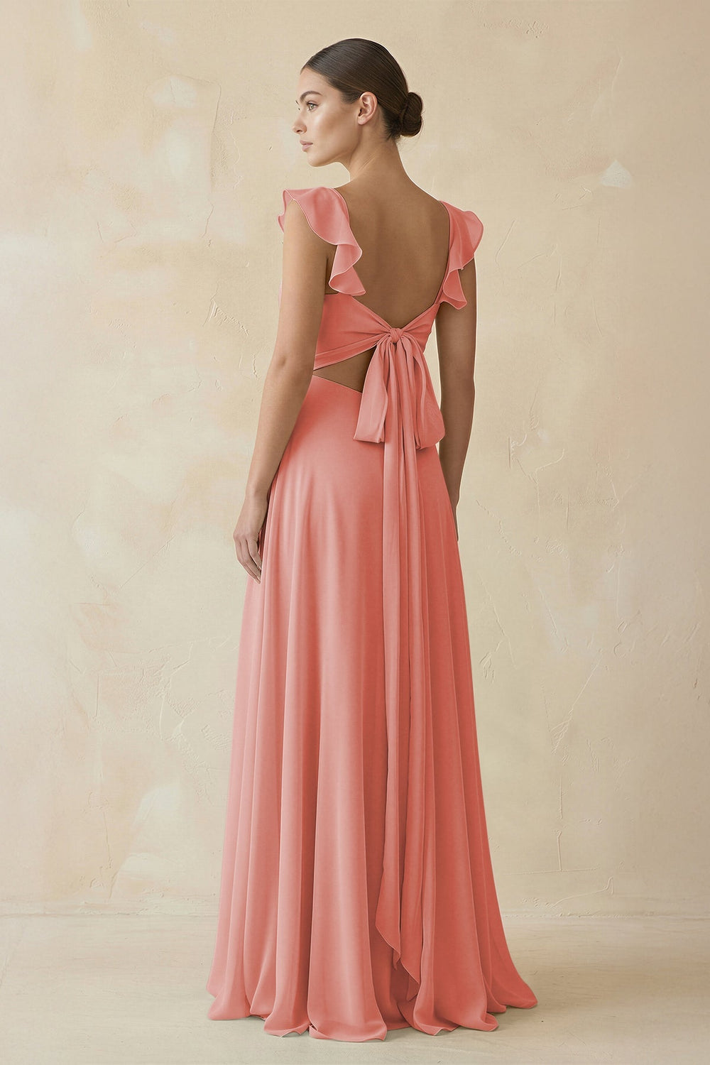 Ruffled Chiffon A - Line Long Bridesmaid Dress in Mulberry - KissProm
