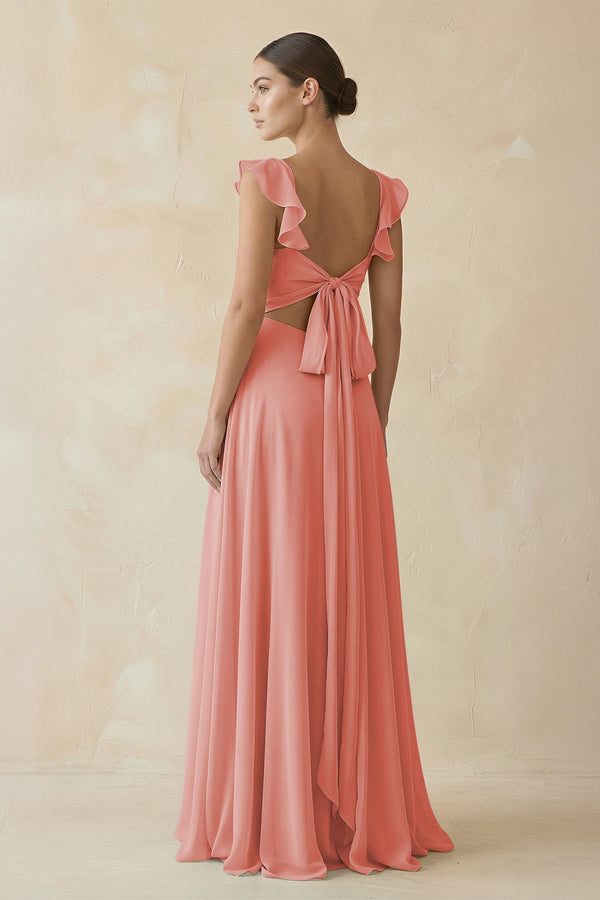 Ruffled Chiffon A - Line Long Bridesmaid Dress in Mulberry - KissProm
