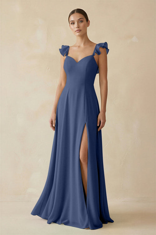 Ruffled Chiffon A - Line Long Bridesmaid Dress in Navy - KissProm