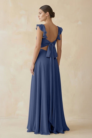 Ruffled Chiffon A - Line Long Bridesmaid Dress in Navy - KissProm
