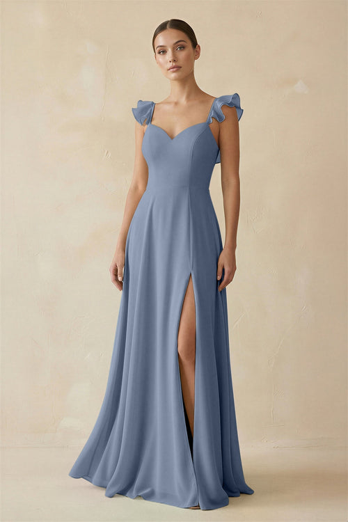 Ruffled Chiffon A - Line Long Bridesmaid Dress in Neptune - KissProm