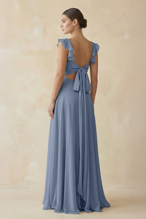Ruffled Chiffon A - Line Long Bridesmaid Dress in Neptune - KissProm