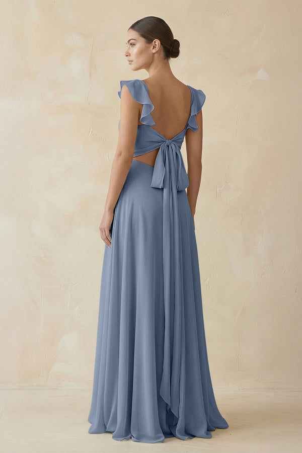 Ruffled Chiffon A - Line Long Bridesmaid Dress in Neptune - KissProm