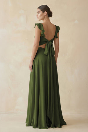 Ruffled Chiffon A - Line Long Bridesmaid Dress in Olive - KissProm