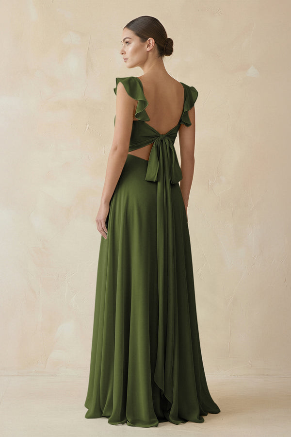 Ruffled Chiffon A - Line Long Bridesmaid Dress in Olive - KissProm