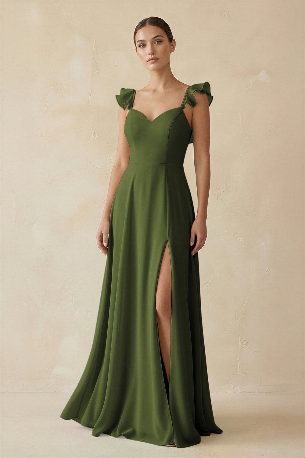 Ruffled Chiffon A - Line Long Bridesmaid Dress in Olive - KissProm