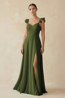 Ruffled Chiffon A - Line Long Bridesmaid Dress in Olive - KissProm