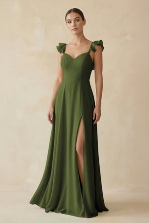 Ruffled Chiffon A - Line Long Bridesmaid Dress in Olive - KissProm