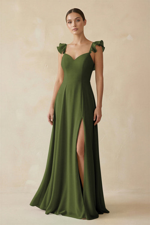 Ruffled Chiffon A - Line Long Bridesmaid Dress in Olive - KissProm