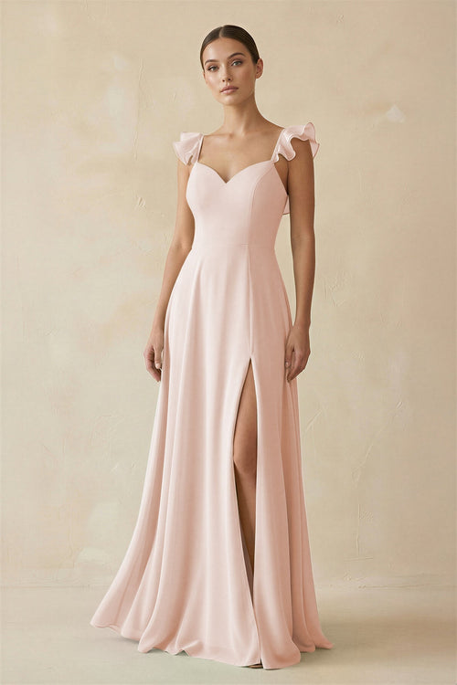 KissProm Ruffled Chiffon A-Line Long Bridesmaid Dress in Pale Blush, Pale Blush / 14