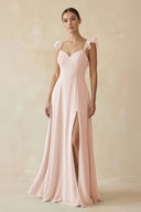 Ruffled Chiffon A - Line Long Bridesmaid Dress in Pale Blush - KissProm
