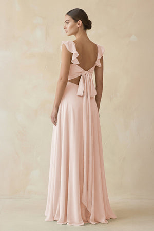 Ruffled Chiffon A - Line Long Bridesmaid Dress in Pale Blush - KissProm