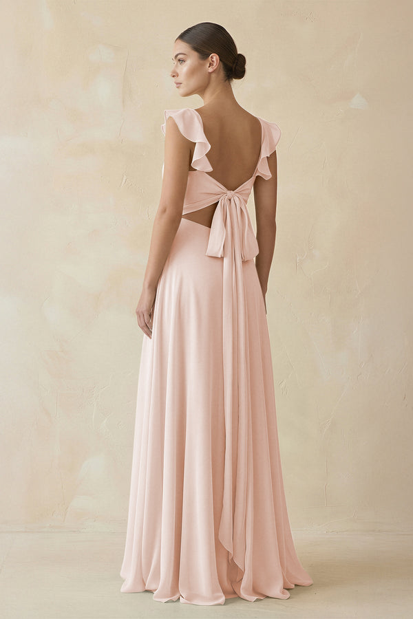 Ruffled Chiffon A - Line Long Bridesmaid Dress in Pale Blush - KissProm