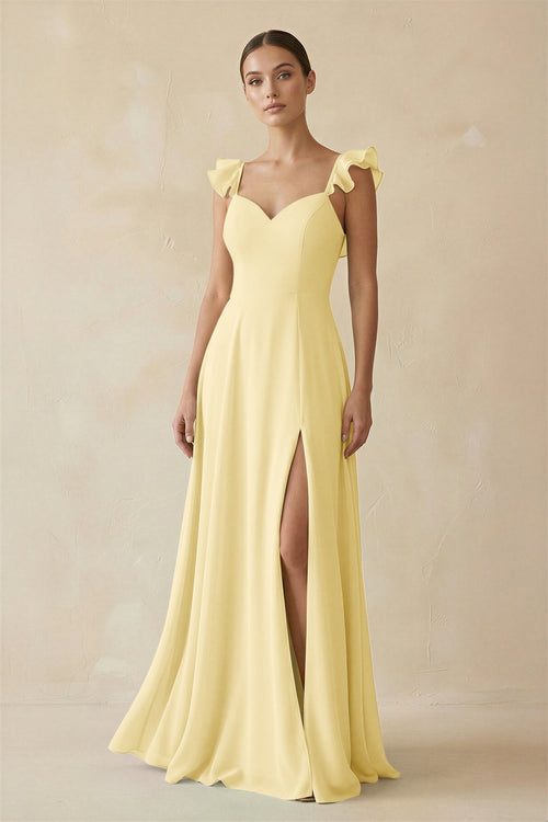 KissProm Ruffled Chiffon A-Line Long Bridesmaid Dress in Pastel Yellow, Pastel Yellow / 18