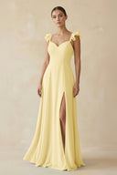 Ruffled Chiffon A - Line Long Bridesmaid Dress in Pastel Yellow - KissProm