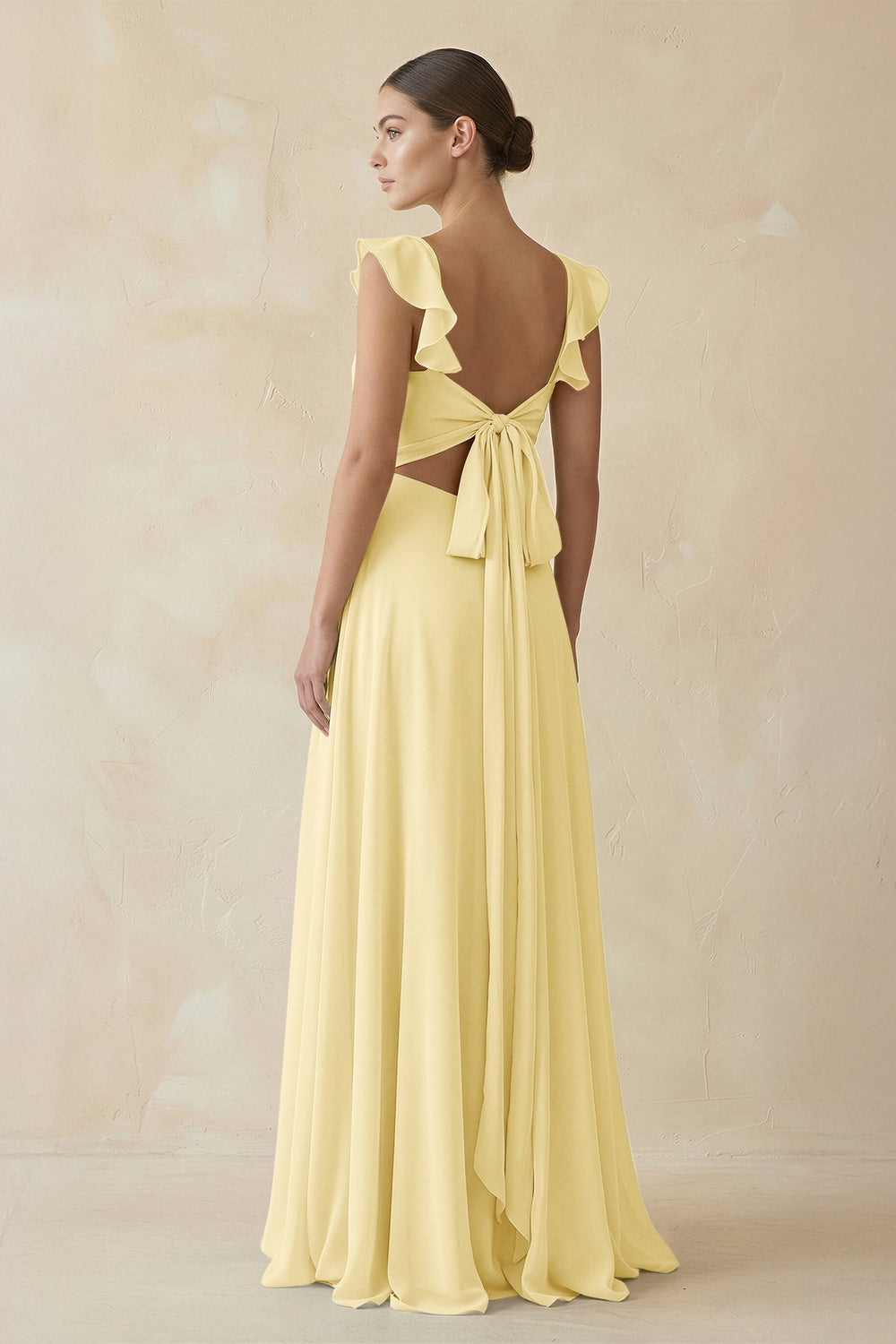 Ruffled Chiffon A - Line Long Bridesmaid Dress in Pastel Yellow - KissProm