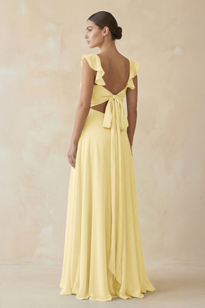 Ruffled Chiffon A - Line Long Bridesmaid Dress in Pastel Yellow - KissProm