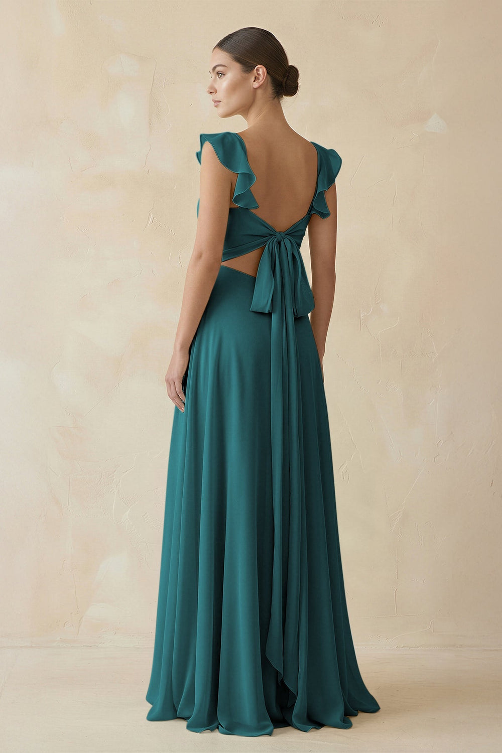 Ruffled Chiffon A - Line Long Bridesmaid Dress in Pine - KissProm