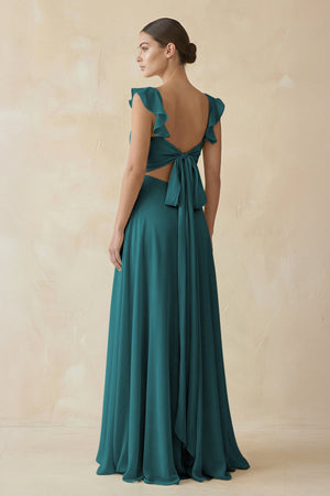 Ruffled Chiffon A - Line Long Bridesmaid Dress in Pine - KissProm