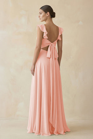 Ruffled Chiffon A - Line Long Bridesmaid Dress in Rose Petal - KissProm