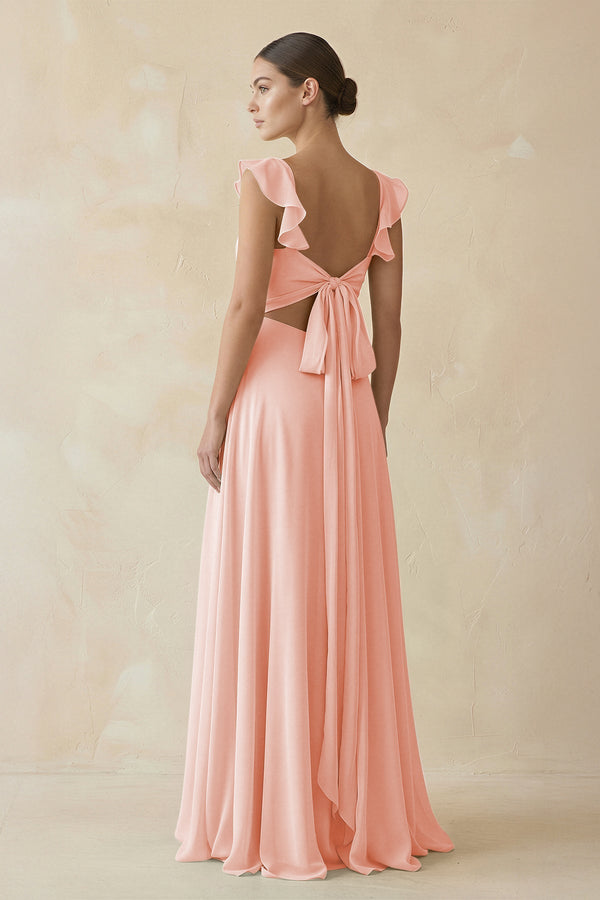 Ruffled Chiffon A - Line Long Bridesmaid Dress in Rose Petal - KissProm