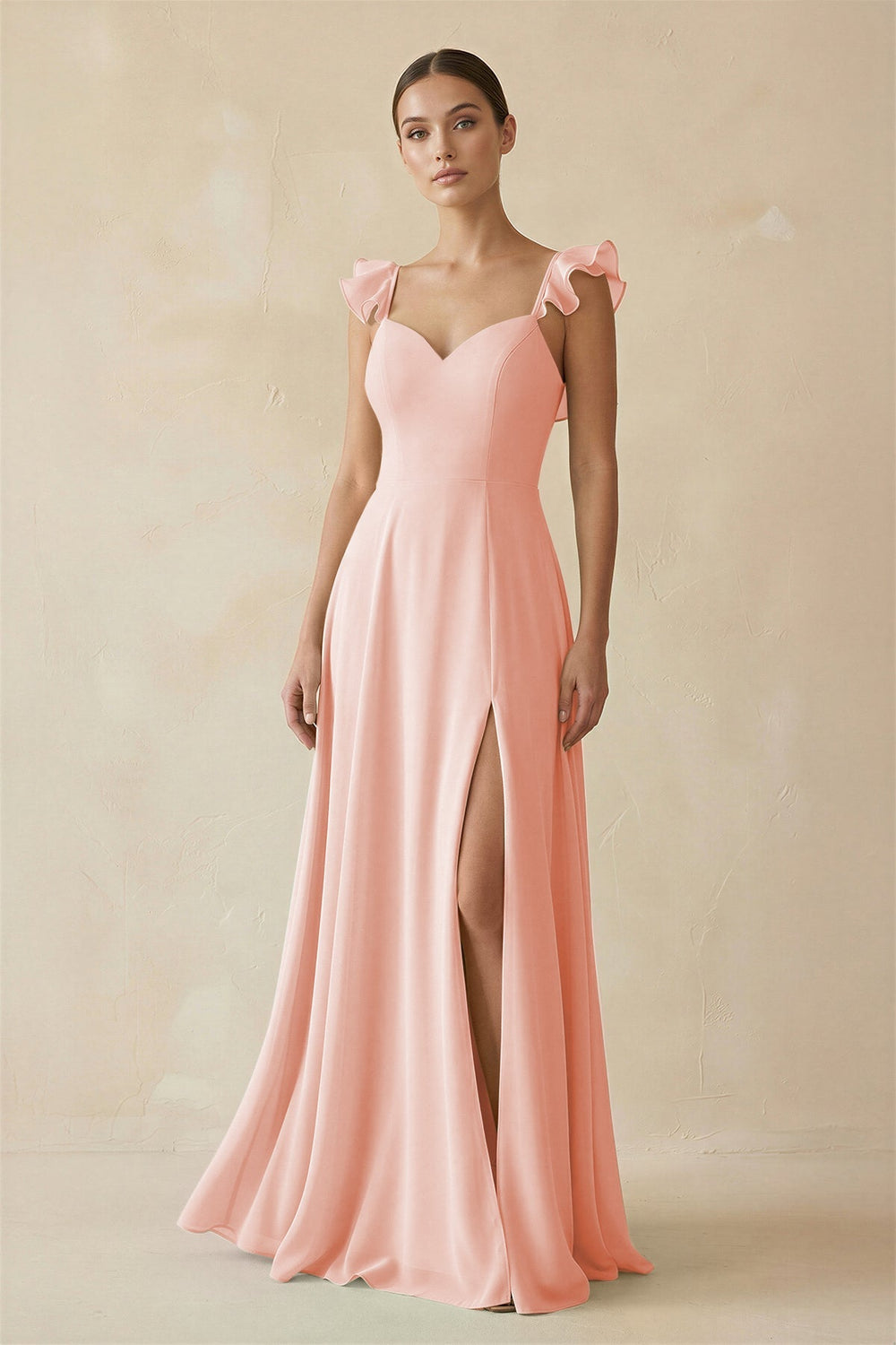 Ruffled Chiffon A - Line Long Bridesmaid Dress in Rose Petal - KissProm