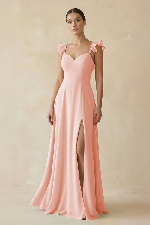 Ruffled Chiffon A - Line Long Bridesmaid Dress in Rose Petal - KissProm