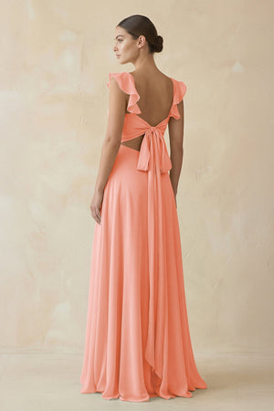 Ruffled Chiffon A - Line Long Bridesmaid Dress in Rosette - KissProm