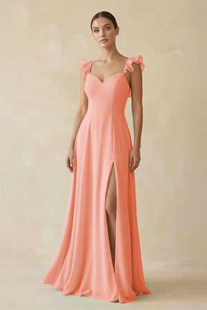 Ruffled Chiffon A - Line Long Bridesmaid Dress in Rosette - KissProm