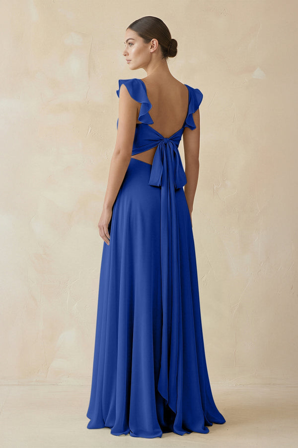 KissProm Ruffled Chiffon A-Line Long Bridesmaid Dress in Royal Blue, Royal Blue / 8