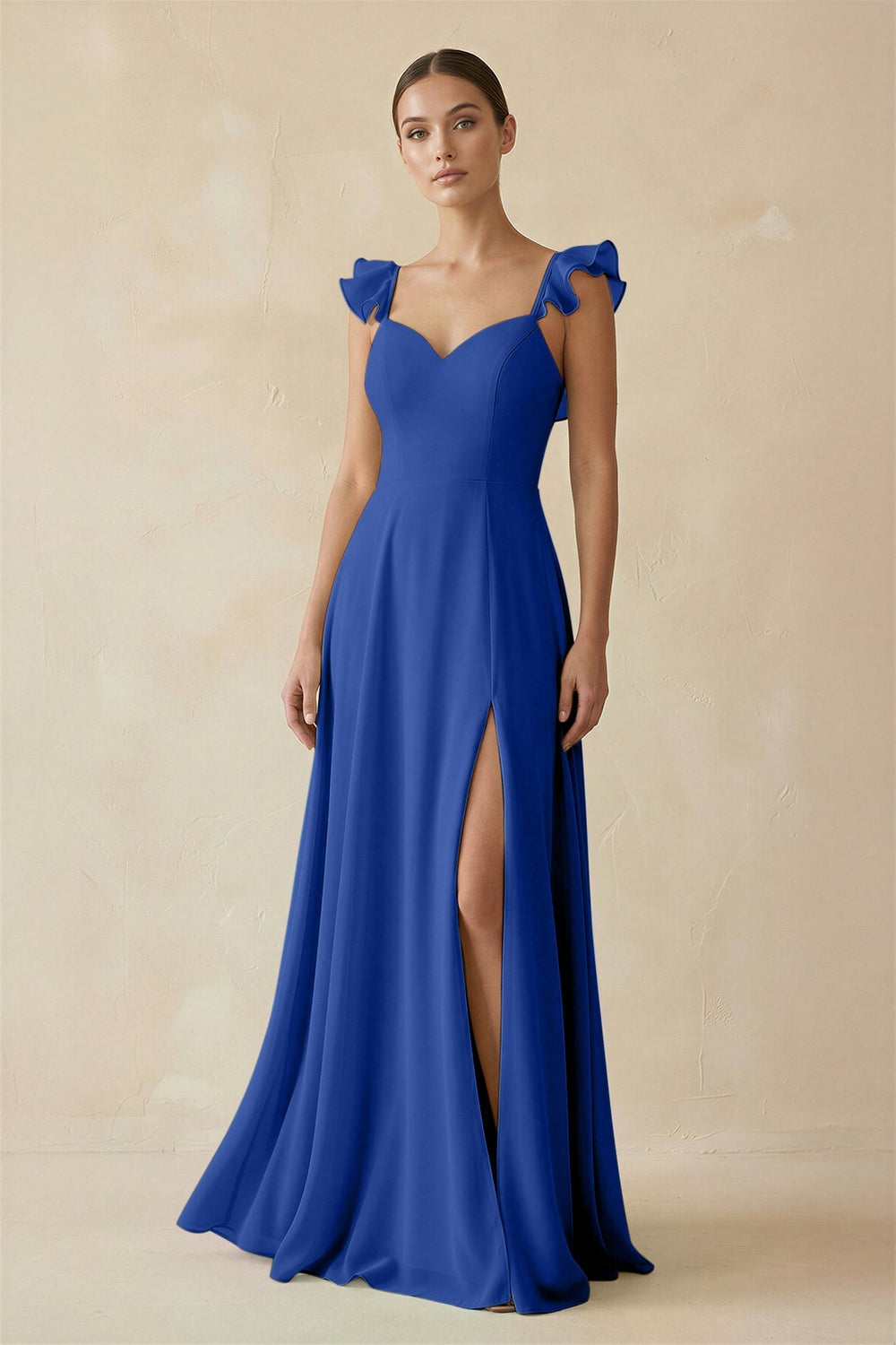 Ruffled Chiffon A - Line Long Bridesmaid Dress in Royal Blue - KissProm