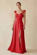 Ruffled Chiffon A - Line Long Bridesmaid Dress in Ruby Red - KissProm