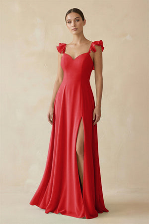 Ruffled Chiffon A - Line Long Bridesmaid Dress in Ruby Red - KissProm