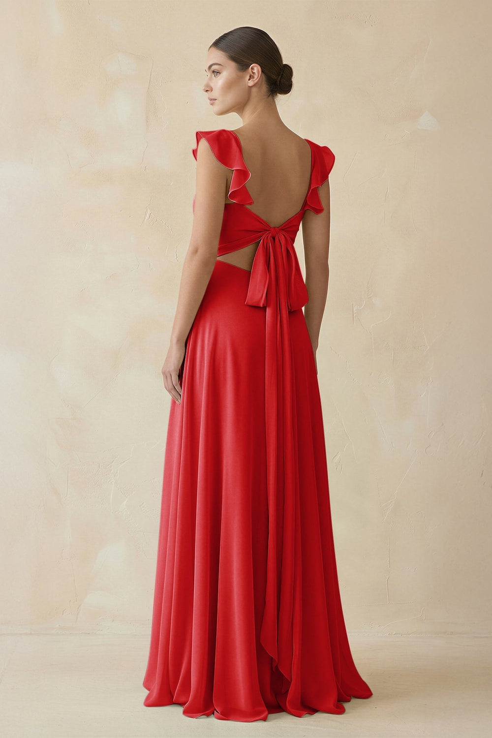 Ruffled Chiffon A - Line Long Bridesmaid Dress in Ruby Red - KissProm