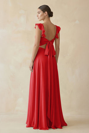 Ruffled Chiffon A - Line Long Bridesmaid Dress in Ruby Red - KissProm