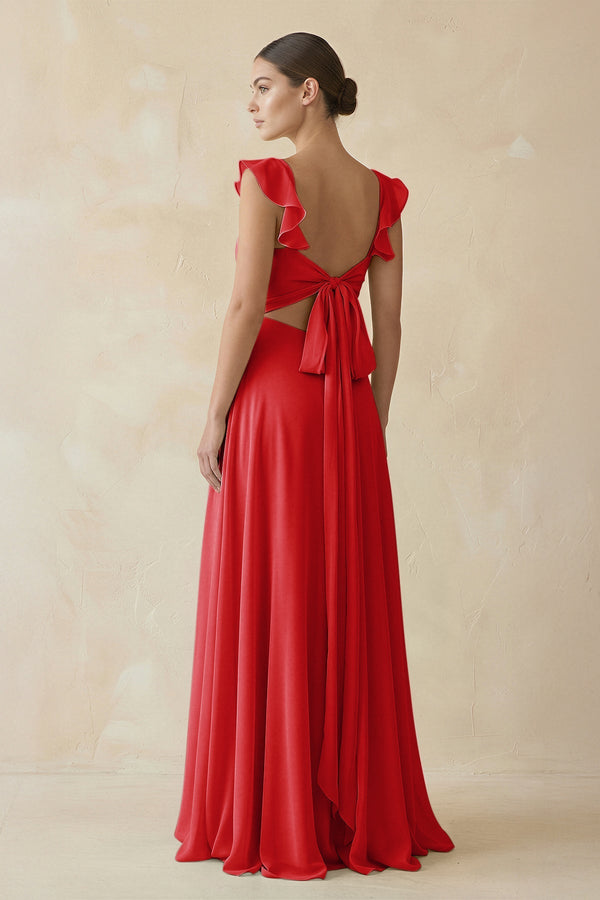 Ruffled Chiffon A - Line Long Bridesmaid Dress in Ruby Red - KissProm
