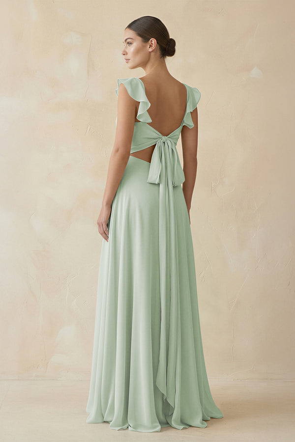 Ruffled Chiffon A - Line Long Bridesmaid Dress in Sage - KissProm
